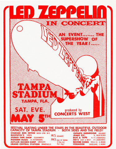 1973 Led Zeppelin Tampa FL 13 x 17 Inch Reproduction Concert Memorabilia Poster
