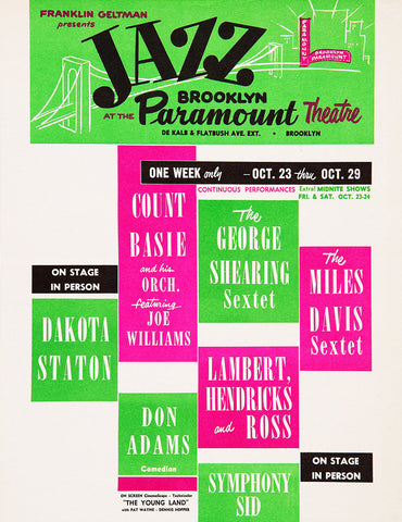 1959 Miles Davis Count Basie Dakota Stanton Paramount Theater Brooklyn NY 13 x 17 Inch Reproduction Jazz Concert Memorabilia Poster