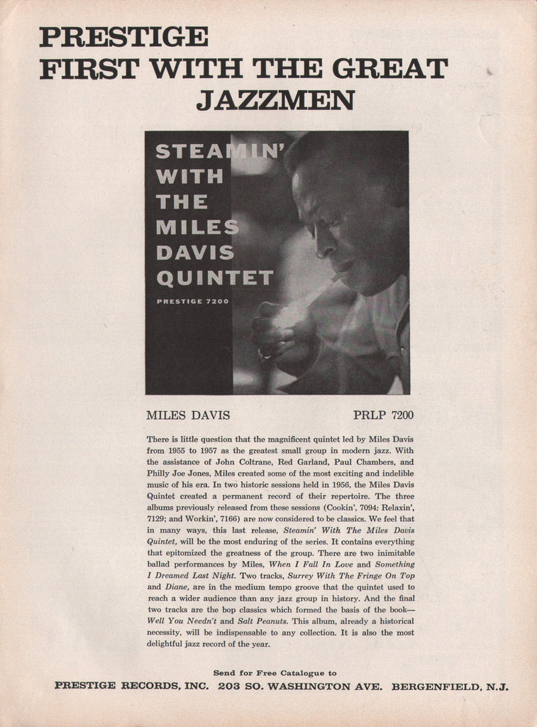 1961 Vintage MILES DAVIS QUINTET Steamin PRESTIGE LP Record Jazz Promo Print Ad