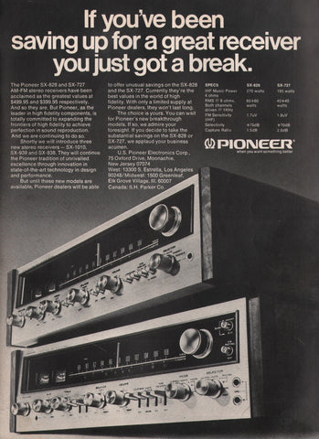 1974 Vintage PIONEER SX-828-727 AM/FM Stereo Receiver Hi-Fi Electronics Print Ad