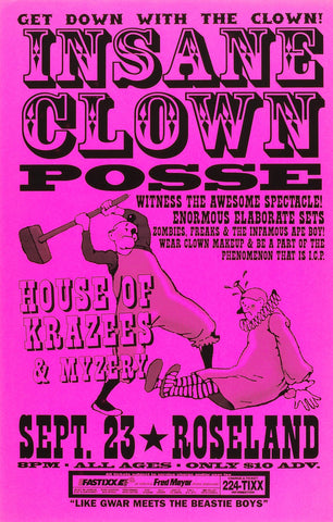 1990s Insane Clown Posse Roseland Theater 13 x 17 Inch Reproduction Concert Memorabilia Poster