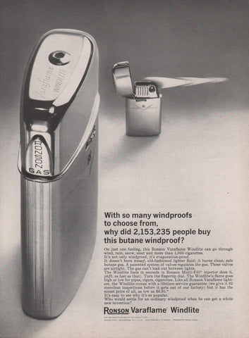 1965 Vintage RONSON Varaflame Windlite Butane Cigarette Lighters Print Ad