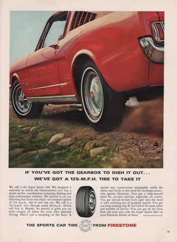 1965 Vintage Red FORD Mustang In FIRESTONE Super Sports 500 Tire Print Ad