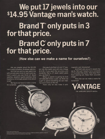 1965 Vintage VANTAGE 17 Jewels Men's Wristwatch Timepiece Print Ad