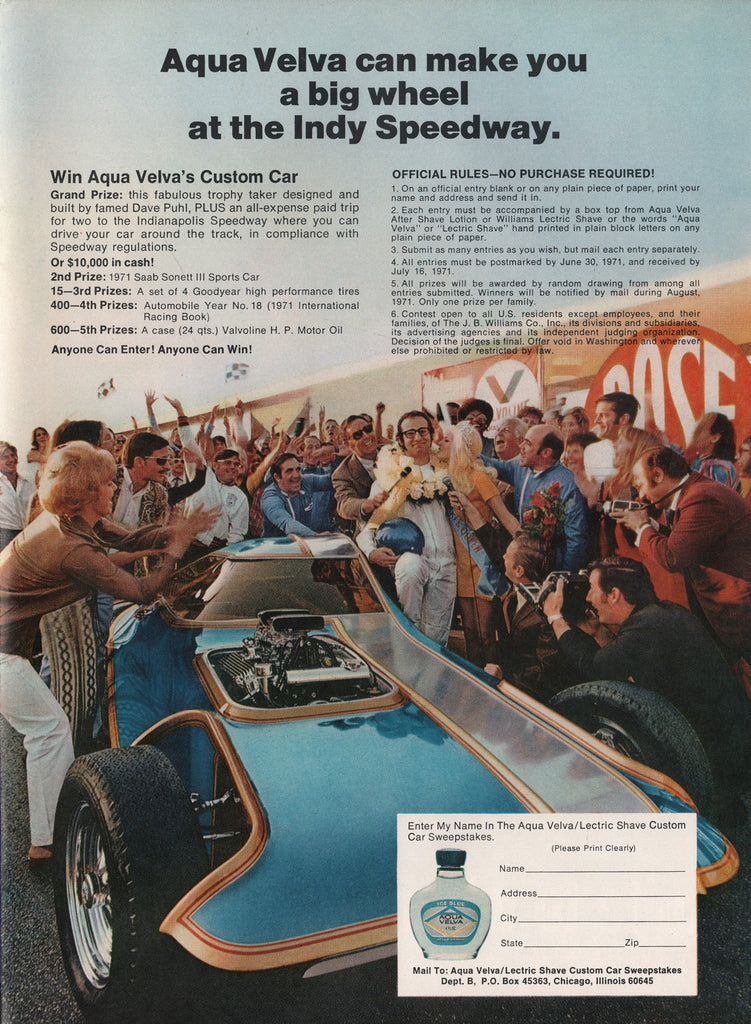 1971 Vintage AQUA VELVA Indy Speedway Dave Puhl Custom Racing Car Print Ad