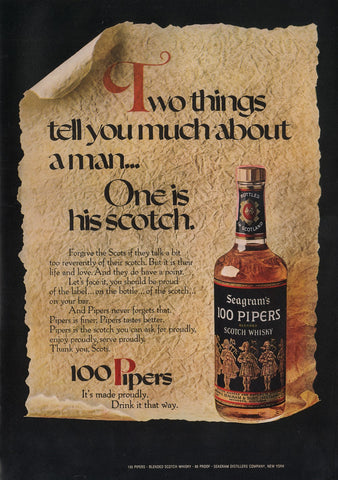 1971 Vintage SEAGRAM'S 100 Pipers Scotch Whiskey Distillery Print Ad