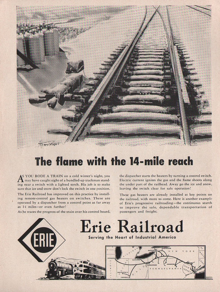 1950 Erie Railroad 14 Mile Flame Reach Transportation Print Ad