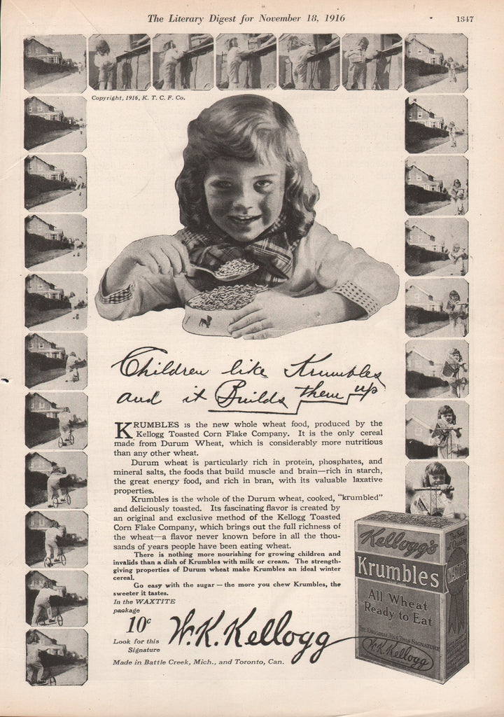 1916 Vintage W.K. Kellogg's Wheat Krumbles Cereal Food Print Ad