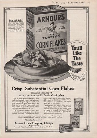 1921 Vintage Armour's Corn Flakes & Oats Breakfast Cereal Food Print Ad
