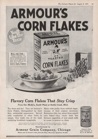 1921 Vintage Armour's Corn Flakes Breakfast Cereal Food Print Ad