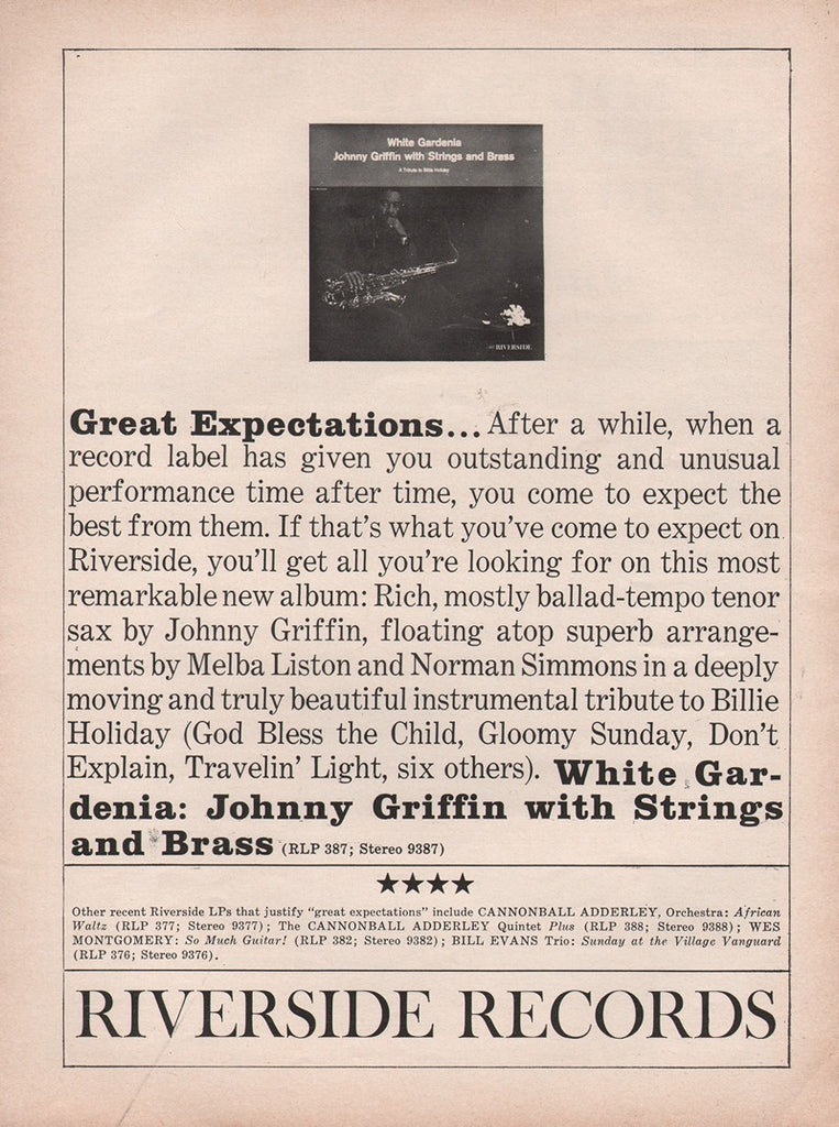 1961 Vintage Johnny Griffin White Gardenia Riverside Records Promo Print Ad