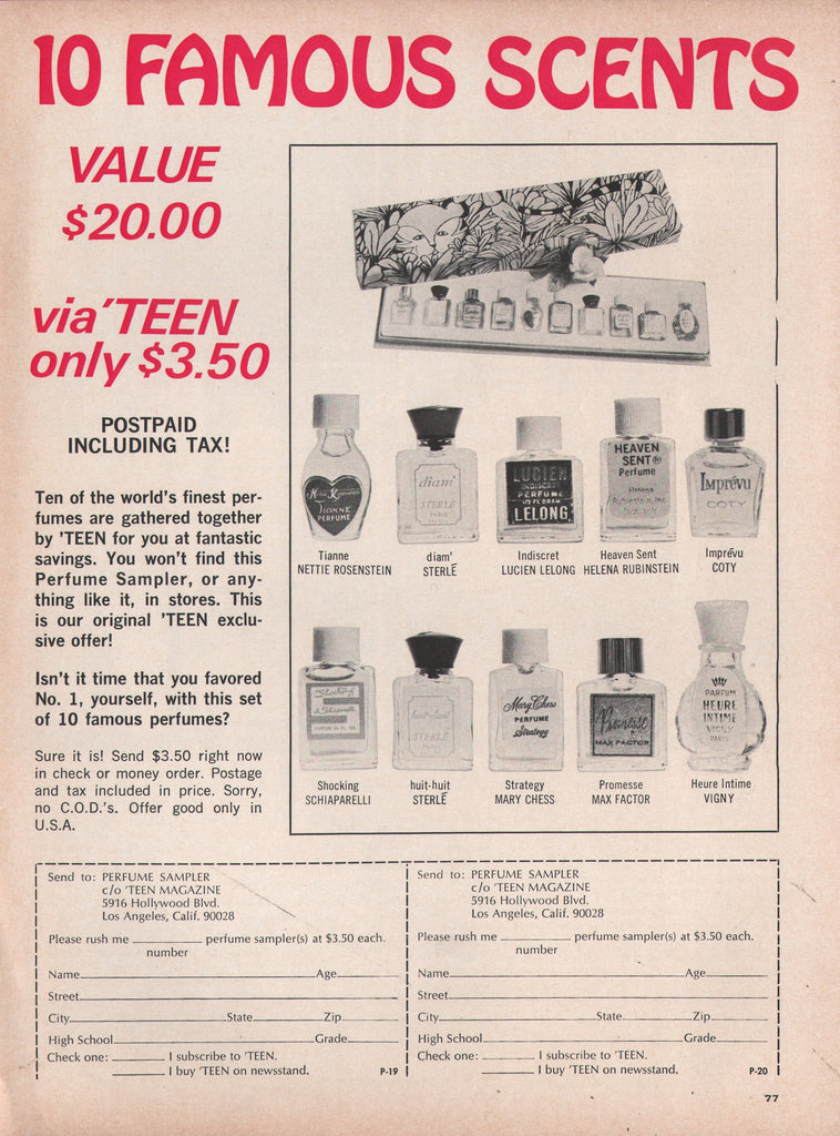 1968 Vintage TEEN MAGAZINE 10 Perfume Sampler Fragrance Health & Beauty Print Ad
