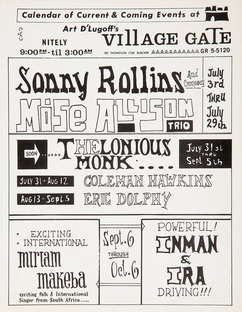 1960s Sonny Rollins Mose Allison Thelonious Monk Village Gate NYC 13 x 17 Inch Reproduction Jazz Concert Memorabilia Poster