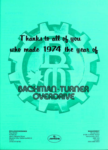 1974 Bachman Turner Overdrive BTO Thank You 13 x 17 Inch Reproduction Record Promo Memorabilia Poster