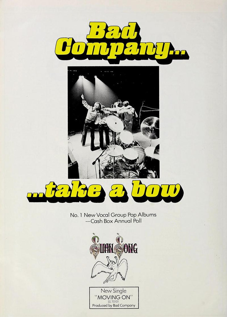 1974 Bad Company Take A Bow Swan Song 13 x 17 Inch Reproduction Record Promo Memorabilia Poster